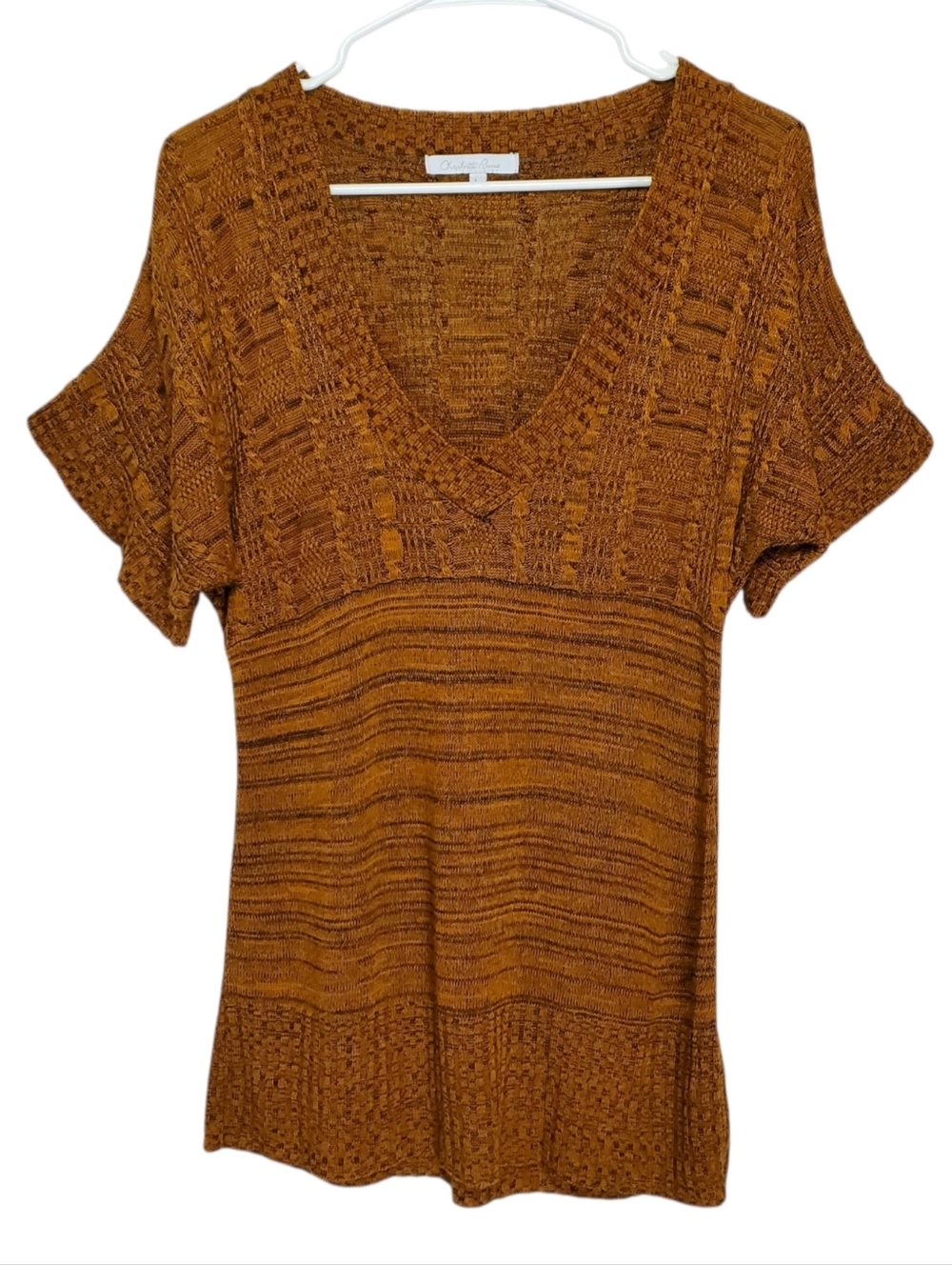 2609 * Charlotte Russe Knit Short Sleeve V Neck Sweater Top Orange Brown Size L